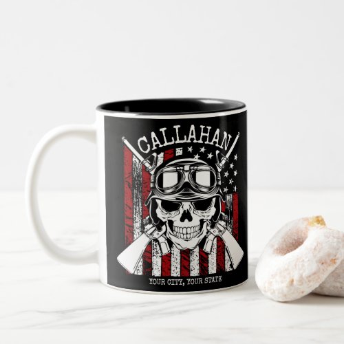 Personalized NAME Soldier Skull Dual Guns USA Flag Two_Tone Coffee Mug