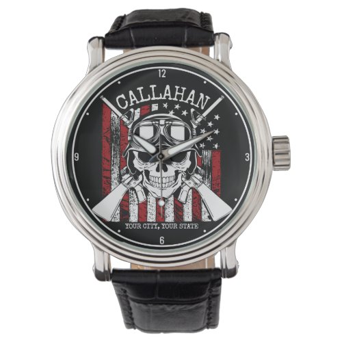 Personalized NAME Soldier Skull Dual Guns USA Flag Watch