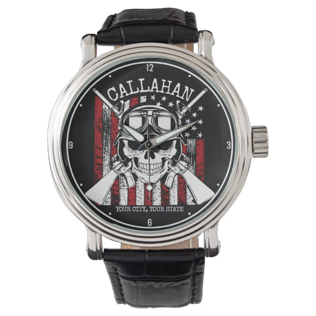 Personalized NAME Soldier Skull Dual Guns USA Flag Watch (Front)