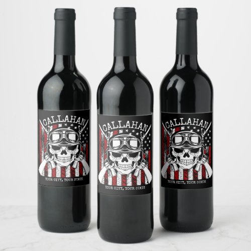Personalized NAME Soldier Skull Dual Guns USA Flag Wine Label
