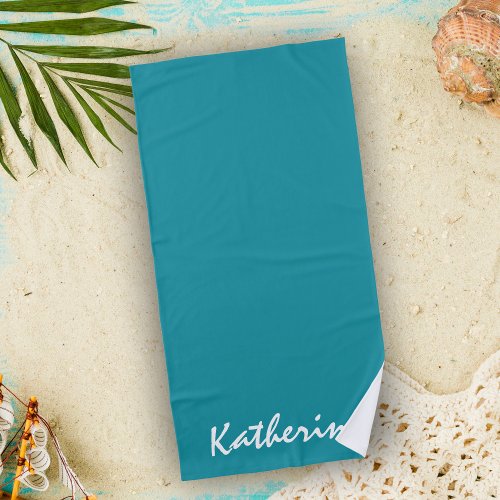 Personalized name solid color Aqua Blue Vacations Beach Towel
