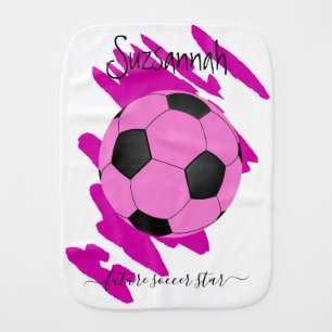 Personalized Name Sporty Black Pink Soccer Ball Baby Burp Cloth