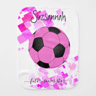 Personalized Name Sporty Black Pink Soccer Ball Baby Burp Cloth