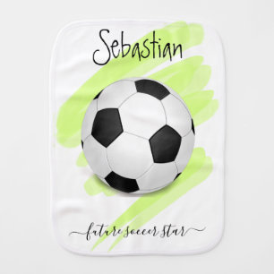 Personalized Name Sporty Black White Soccer Ball Baby Burp Cloth