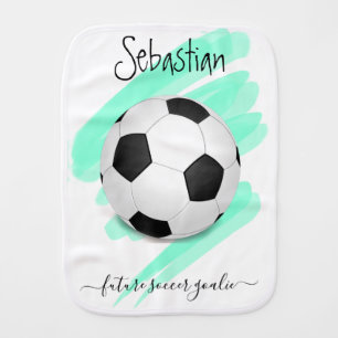 Personalized Name Sporty Black White Soccer Ball Baby Burp Cloth
