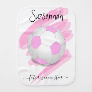 Personalized Name Sporty Pink White Soccer Ball Baby Burp Cloth