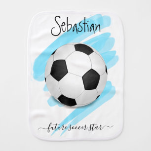 Personalized Name Sporty Soccer Ball Blue Squiggle Baby Burp Cloth
