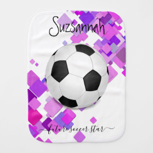 Personalized Name Sporty Soccer Ball Purple Chips Baby Burp Cloth