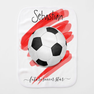 Personalized Name Sporty Soccer Ball Red Squiggle Baby Burp Cloth