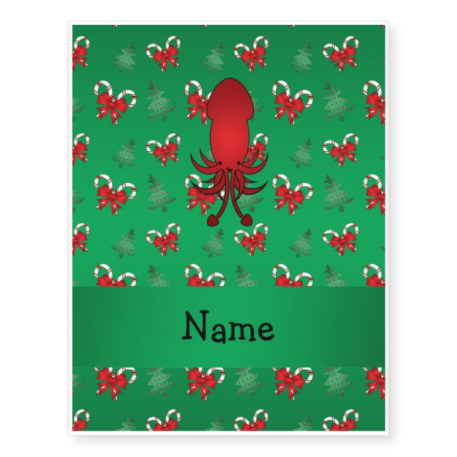 Personalized name squid green candy canes bows temporary tattoos (Front)