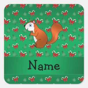 Personalized name squirrel green candy canes bows square sticker