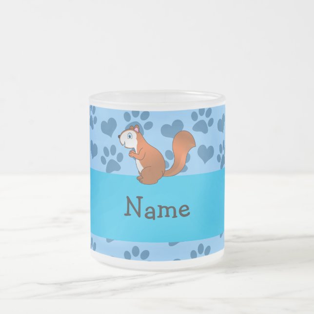 Personalized name squirrel pastel blue paws frosted glass coffee mug (Center)