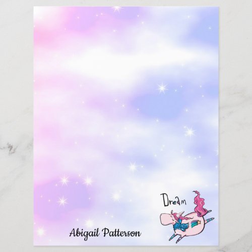 Personalized Name Stationary Paper Pink Unicorn