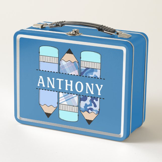 Personalized Name Student Pencil Blue Metal Lunch Box (Front)