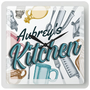 Personalized NAME Stylish Gourmet Kitchen Utensils Square Wall Clock