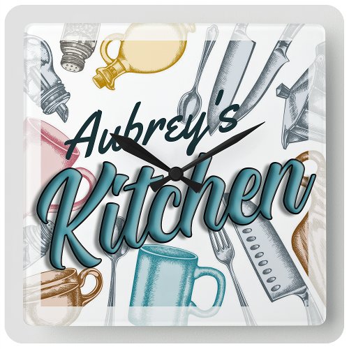 Personalized NAME Stylish Gourmet Kitchen Utensils Square Wall Clock