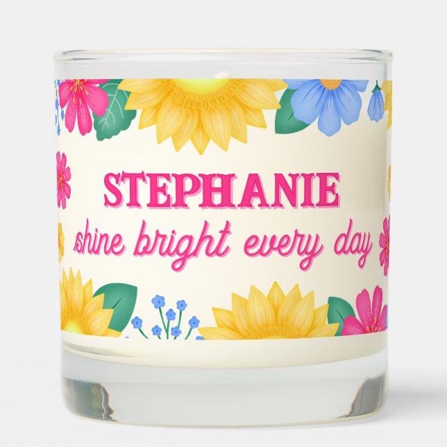 Personalized Name Sunflower Pink Blue Floral Scented Candle (Front)