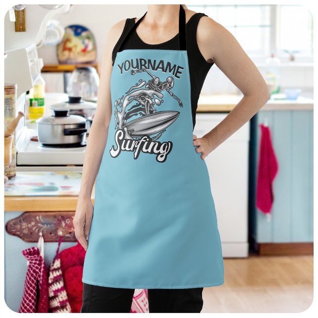 Personalized NAME Surfer Big Wave Skeleton Surfing Apron (Creator Uploaded)