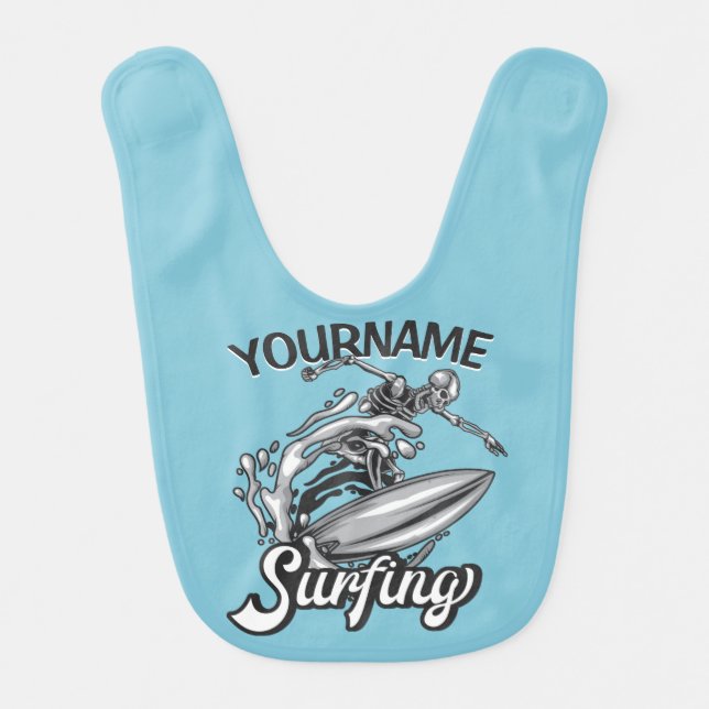 Personalized NAME Surfer Big Wave Skeleton Surfing Baby Bib (Front)