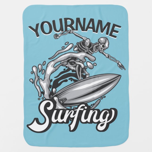 Personalized NAME Surfer Big Wave Skeleton Surfing Baby Blanket (Front)