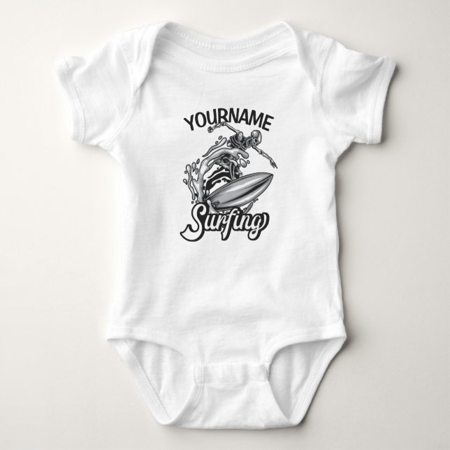 Personalized NAME Surfer Big Wave Skeleton Surfing Baby Bodysuit (Front)