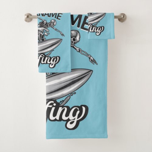 Personalized NAME Surfer Big Wave Skeleton Surfing Bath Towel Set