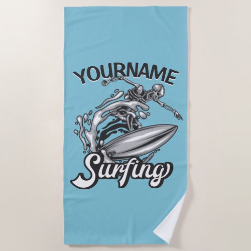 Personalized NAME Surfer Big Wave Skeleton Surfing Beach Towel
