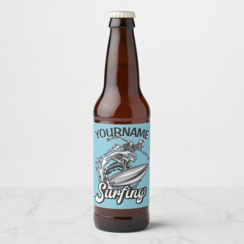 Personalized NAME Surfer Big Wave Skeleton Surfing Beer Bottle Label
