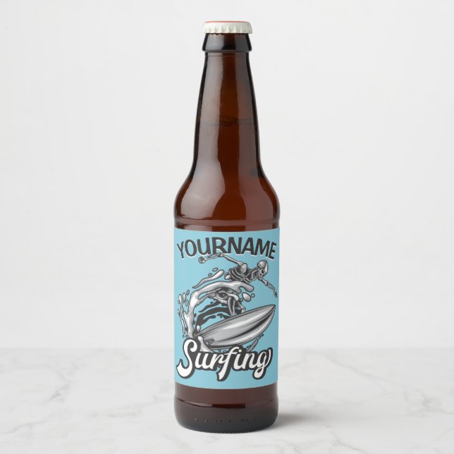 Personalized NAME Surfer Big Wave Skeleton Surfing Beer Bottle Label (Front)