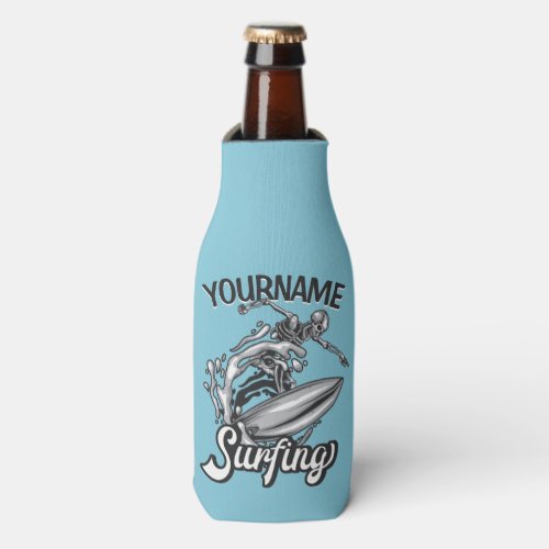 Personalized NAME Surfer Big Wave Skeleton Surfing Bottle Cooler