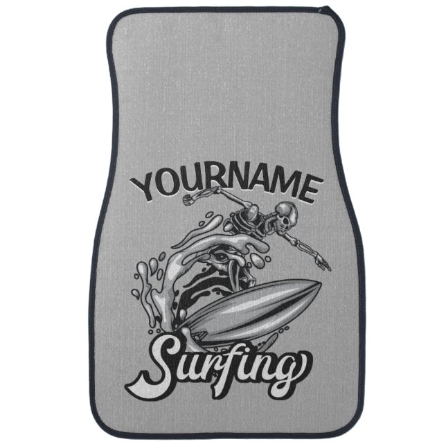 Personalized NAME Surfer Big Wave Skeleton Surfing Car Floor Mat (Front)