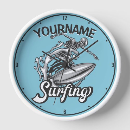 Personalized NAME Surfer Big Wave Skeleton Surfing Clock