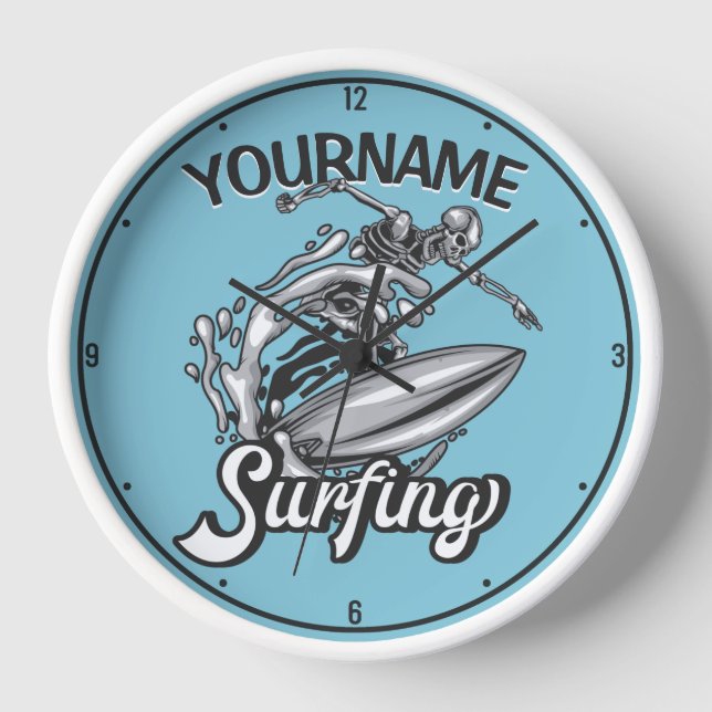 Personalized NAME Surfer Big Wave Skeleton Surfing Clock (Front)