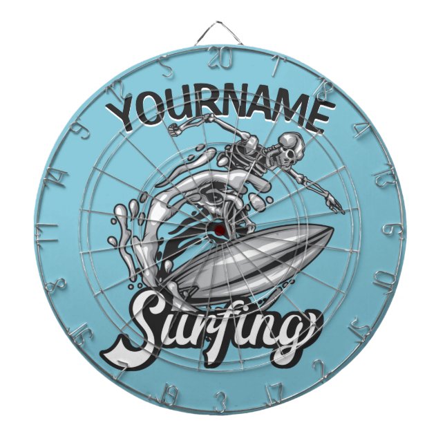 Personalized NAME Surfer Big Wave Skeleton Surfing Dart Board (Front)