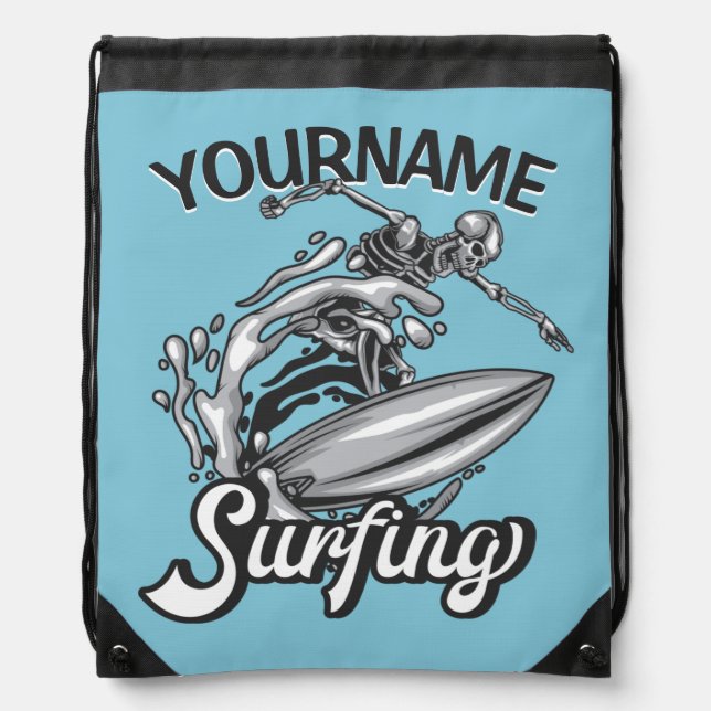 Personalized NAME Surfer Big Wave Skeleton Surfing Drawstring Bag (Front)