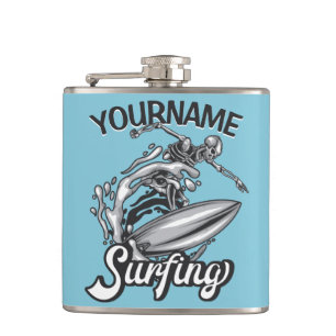Personalized NAME Surfer Big Wave Skeleton Surfing Flask