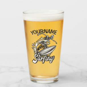 Personalized NAME Surfer Big Wave Skeleton Surfing Glass