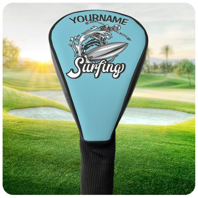 Personalized NAME Surfer Big Wave Skeleton Surfing Golf Head Cover (Creator Uploaded)