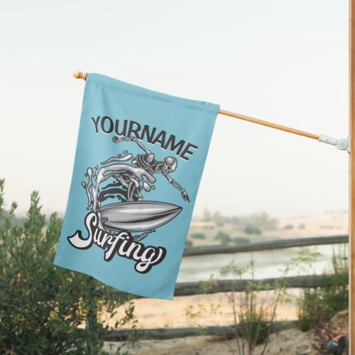 Personalized NAME Surfer Big Wave Skeleton Surfing House Flag