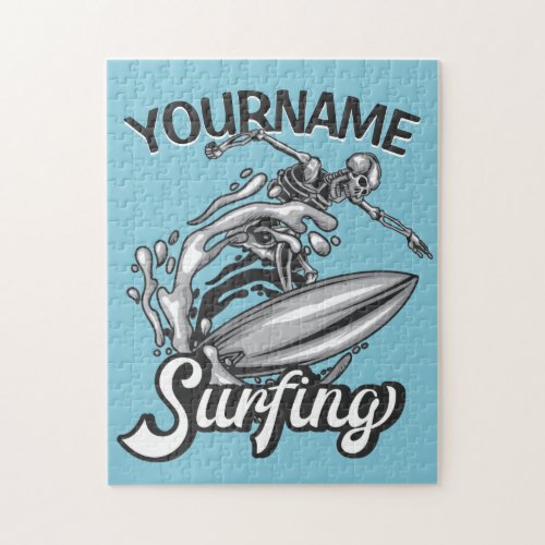 Personalized NAME Surfer Big Wave Skeleton Surfing Jigsaw Puzzle