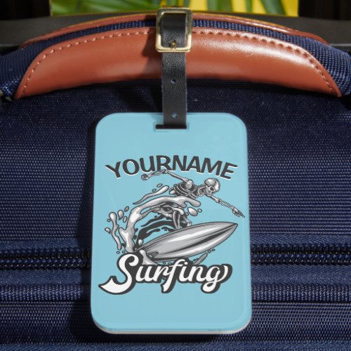 Personalized NAME Surfer Big Wave Skeleton Surfing Luggage Tag