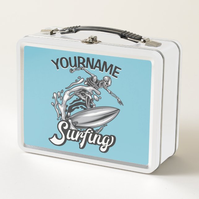 Personalized NAME Surfer Big Wave Skeleton Surfing Metal Lunch Box (Front)