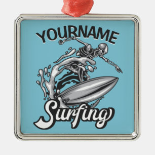 Personalized NAME Surfer Big Wave Skeleton Surfing Metal Ornament