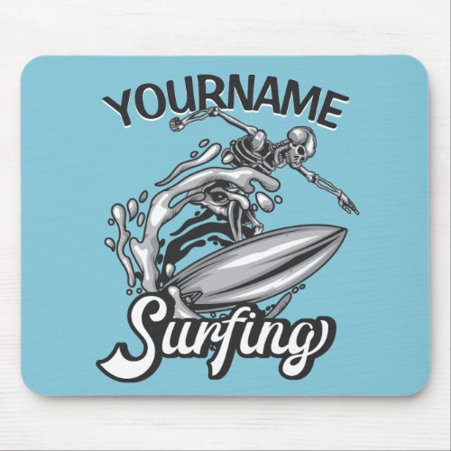 Personalized NAME Surfer Big Wave Skeleton Surfing Mouse Pad