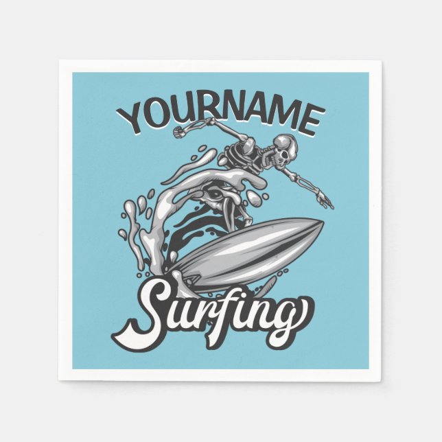 Personalized NAME Surfer Big Wave Skeleton Surfing Napkins (Front)