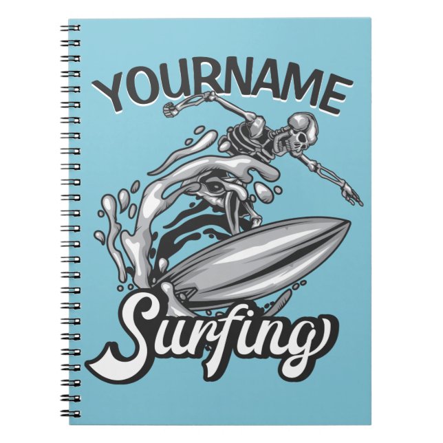 Personalized NAME Surfer Big Wave Skeleton Surfing Notebook (Front)