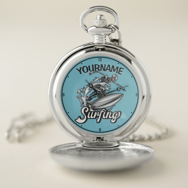 Personalized NAME Surfer Big Wave Skeleton Surfing Pocket Watch (Inside)
