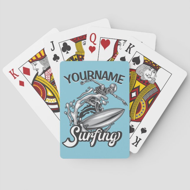 Personalized NAME Surfer Big Wave Skeleton Surfing Poker Cards (Back)