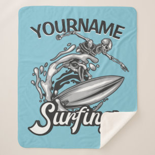 Personalized NAME Surfer Big Wave Skeleton Surfing Sherpa Blanket