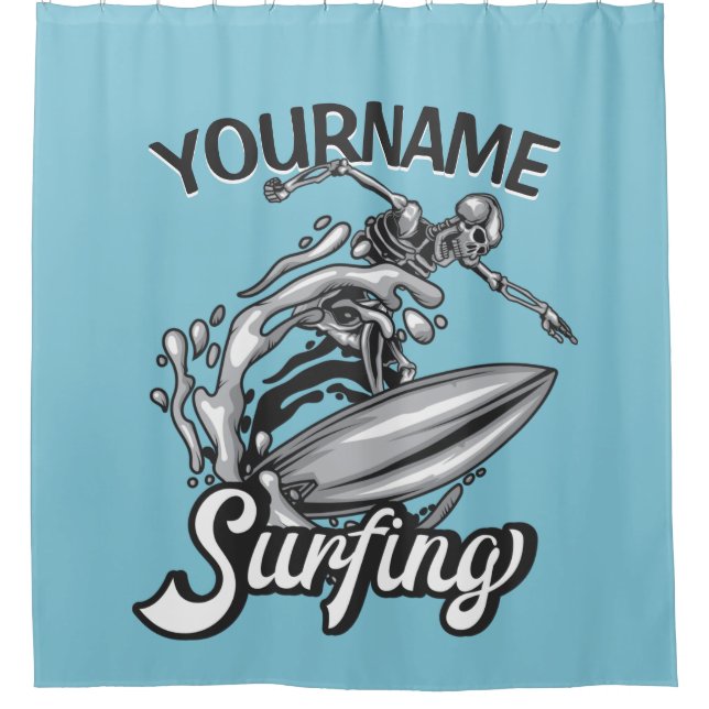 Personalized NAME Surfer Big Wave Skeleton Surfing Shower Curtain (Front)